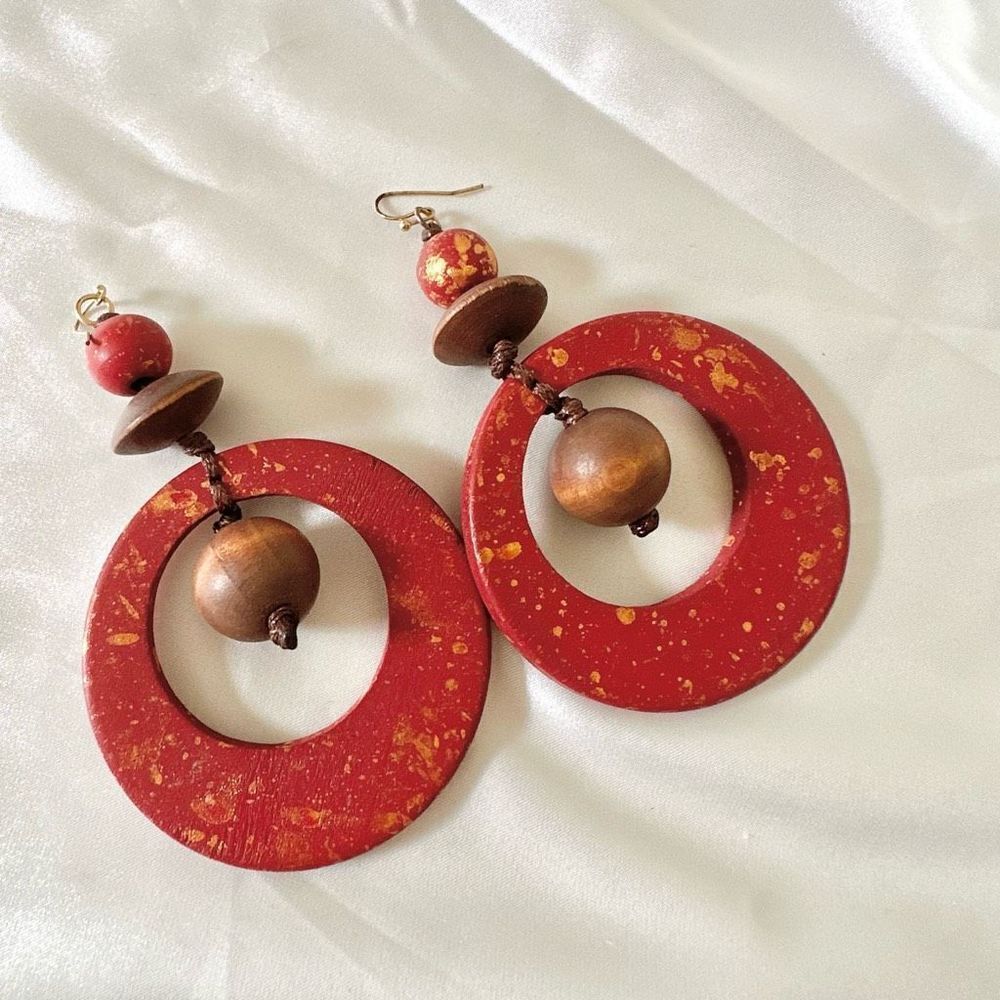Red wood large circle  statement earrings